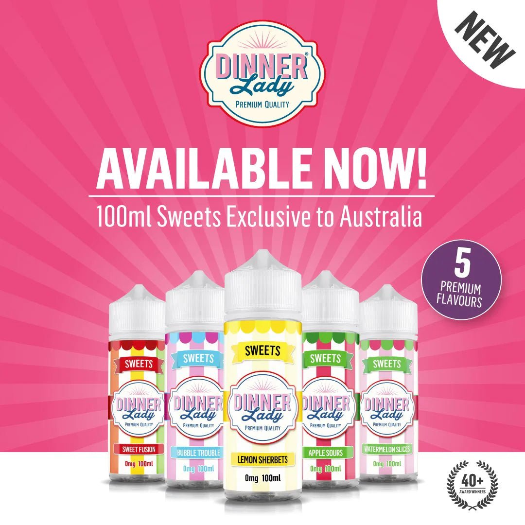 Dinner Lady Sweets 100ml e-liquid range, five flavours available in Australia