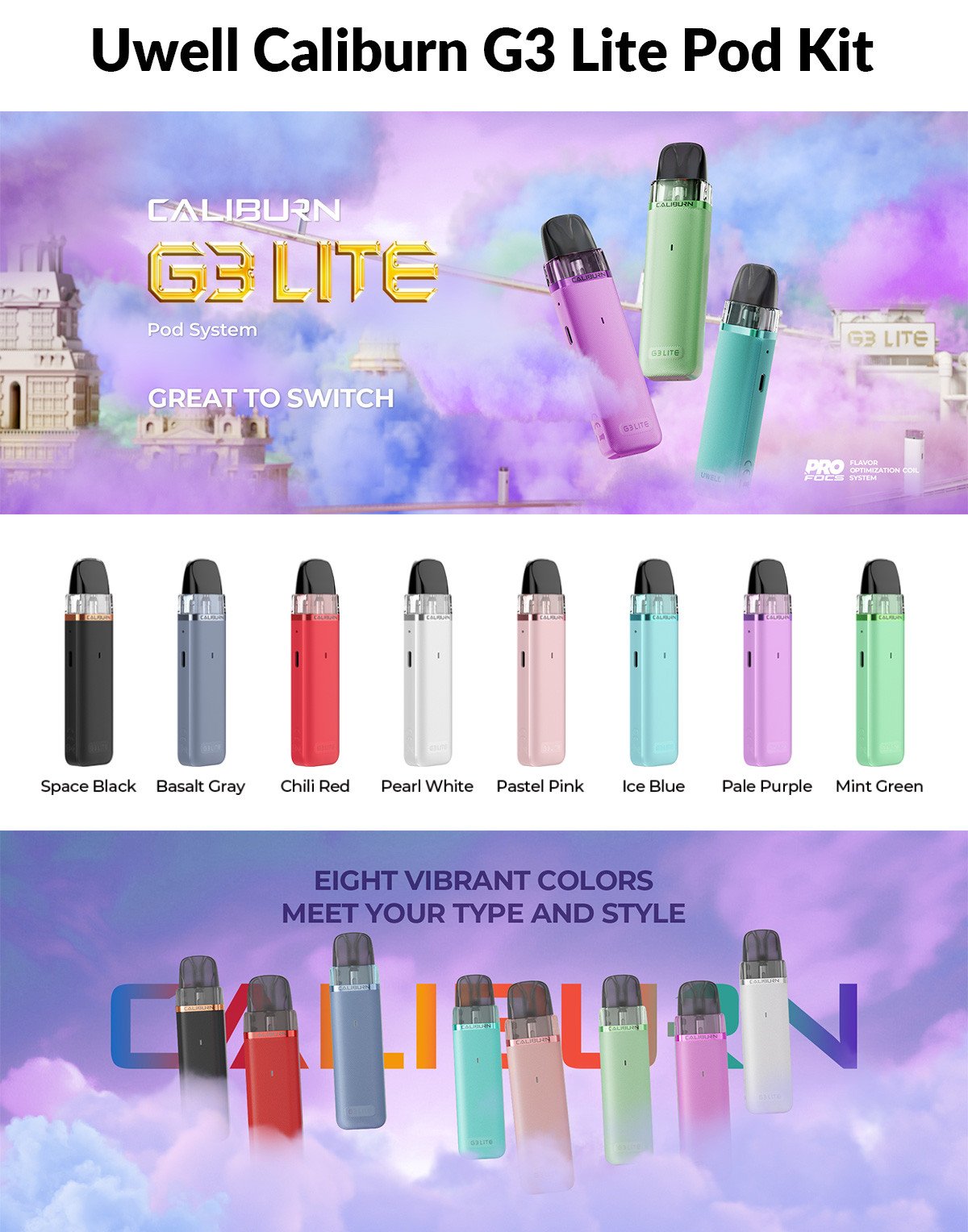 Uwell Caliburn G3 Lite pod kit in eight colours