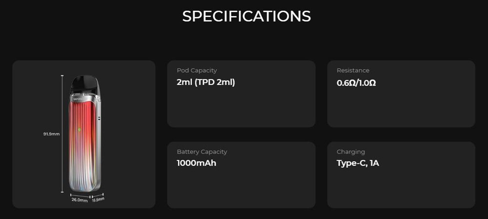 Vaporesso LUXE QS specifications: 2ml pod, 0.6 and 1.0 ohm, 1000mAh, Type-C