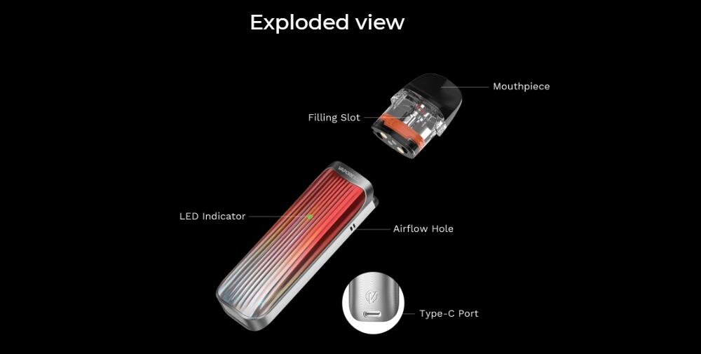Vaporesso LUXE QS exploded view with airflow hole and Type-C port