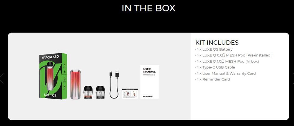 Vaporesso LUXE QS pod kit box contents