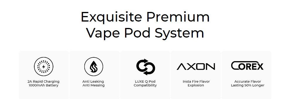 Vaporesso LUXE Q2 SE key features: fast charging, leak resistance, AXON chip, COREX