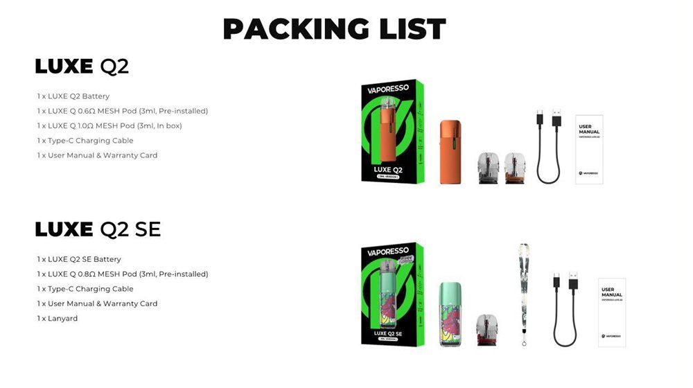 Vaporesso LUXE Q2 and LUXE Q2 SE packing list