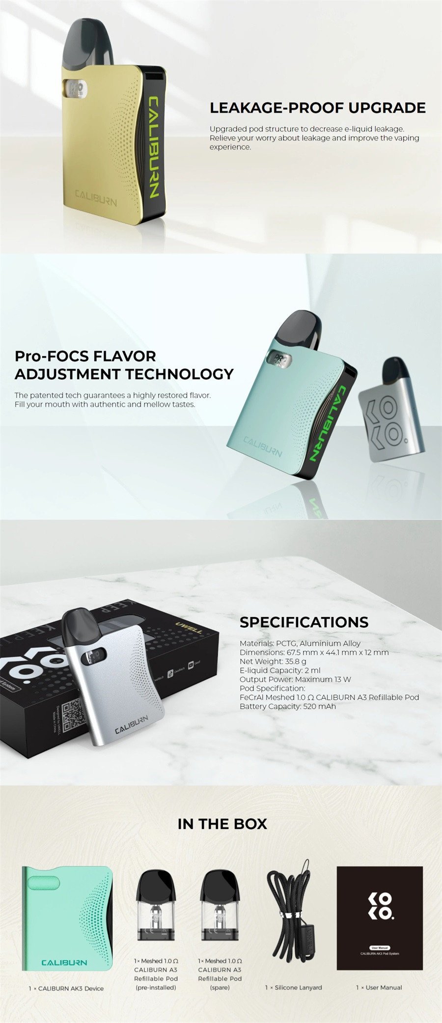 Caliburn AK3 Kit Uwell Caliburn AK3 Pro-FOCS flavour technology, specifications and box contents